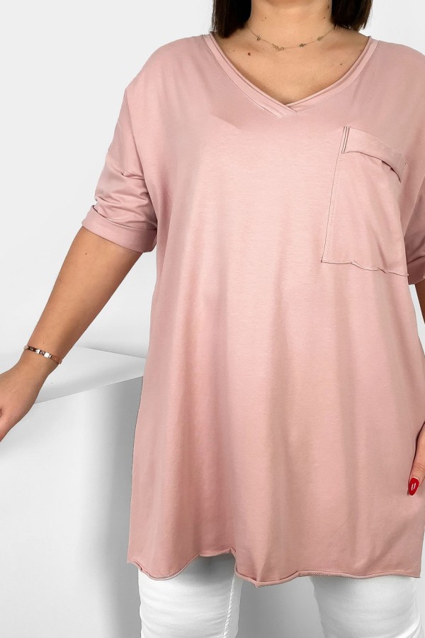 Tunika damska w kolorze pudrowego różu bluzka oversize v-neck kieszeń Polina 2