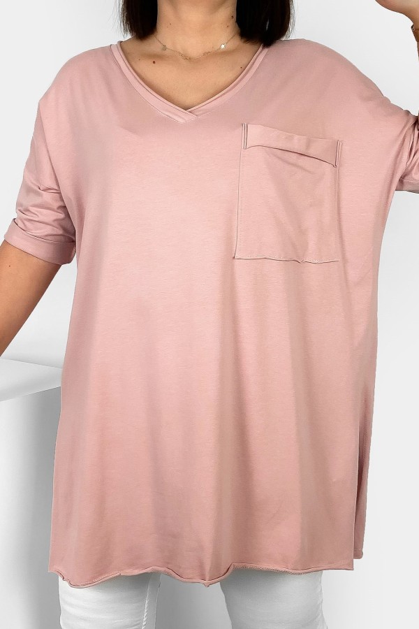 Tunika damska w kolorze pudrowego różu bluzka oversize v-neck kieszeń Polina