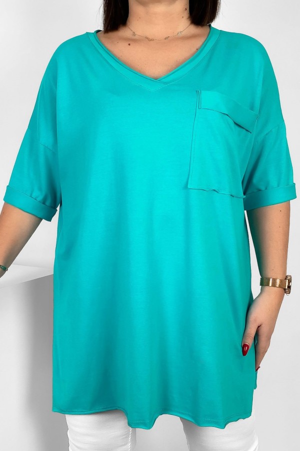Tunika damska w kolorze tiffany bluzka oversize v-neck kieszeń Polina
