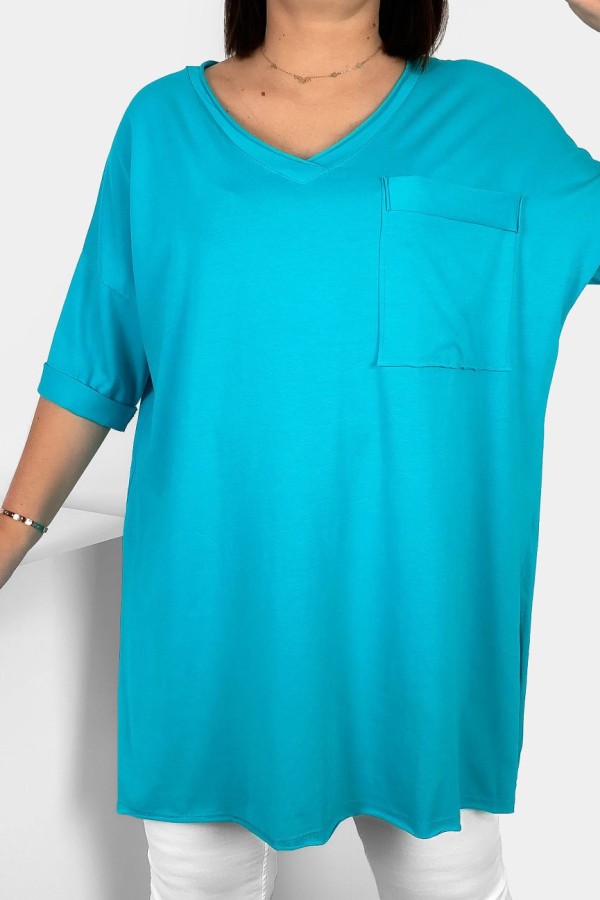 Tunika damska w kolorze turkusowym t-shirt oversize v-neck kieszeń Polina 1