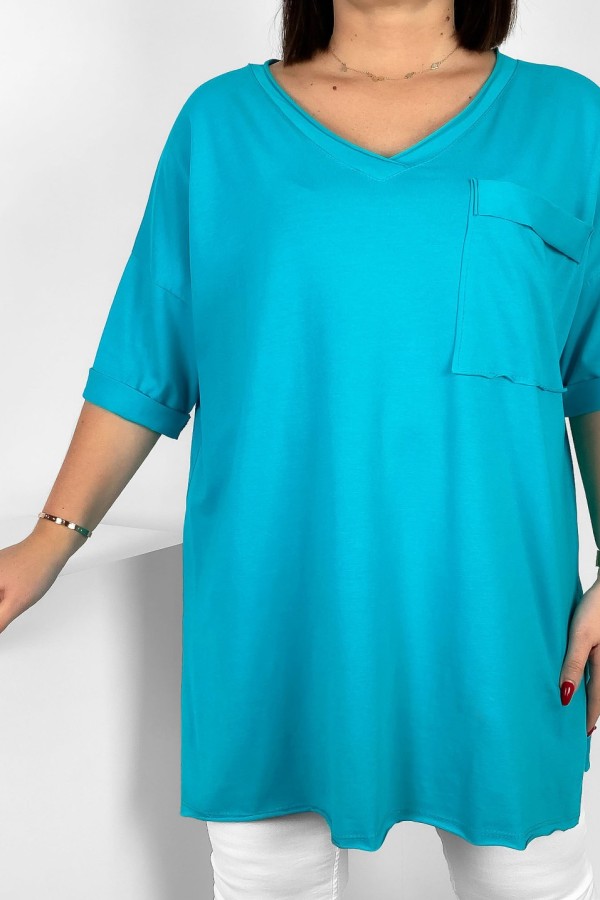 Tunika damska w kolorze turkusowym t-shirt oversize v-neck kieszeń Polina 2