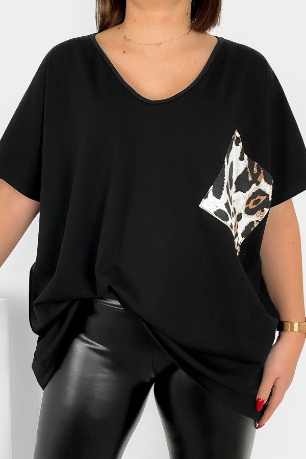 Bluzka damska plus size w kolorze czarnym duża kieszeń panterka