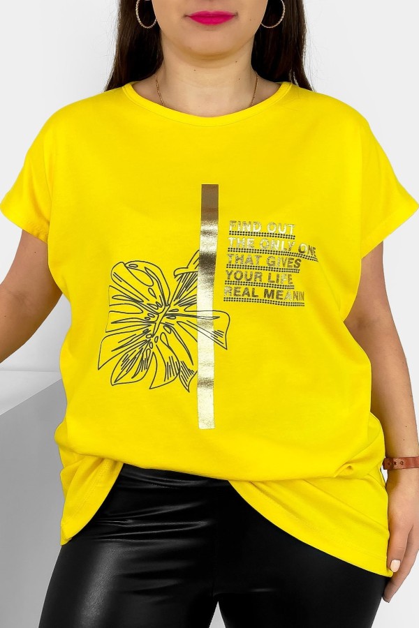 T-shirt damski plus size nietoperz w kolorze żółtym liść napisy Ben