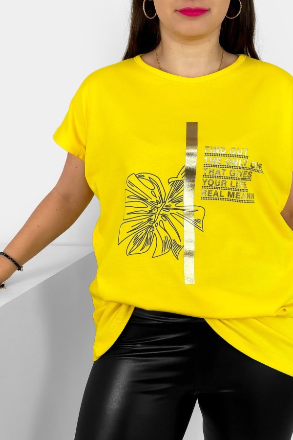 T-shirt damski plus size nietoperz w kolorze żółtym liść napisy Ben 1