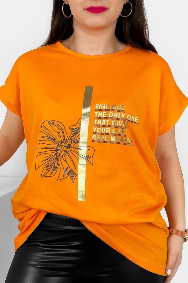 T-shirt damski plus size nietoperz w kolorze pomarańczowym liść napisy Ben 2