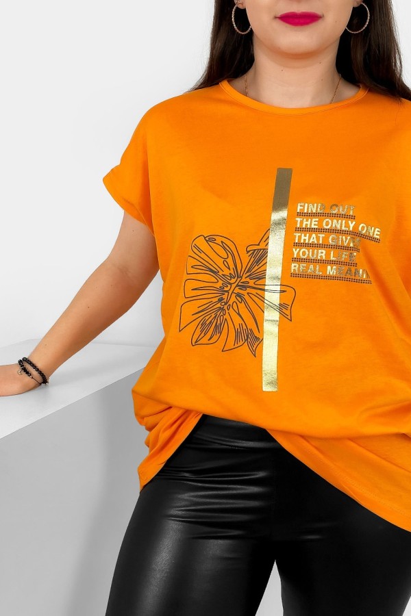 T-shirt damski plus size nietoperz w kolorze pomarańczowym liść napisy Ben 1