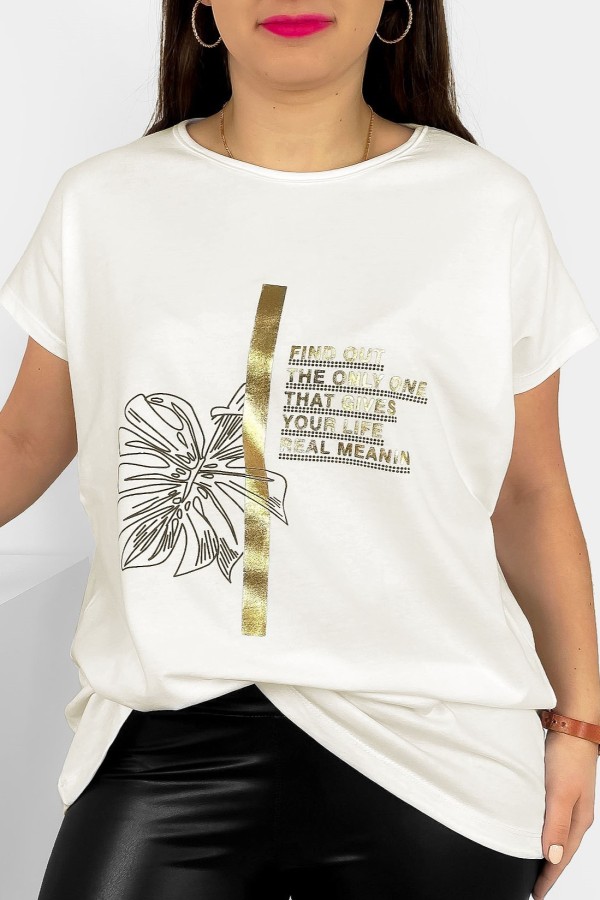 T-shirt damski plus size nietoperz w kolorze ecru liść napisy Ben 2