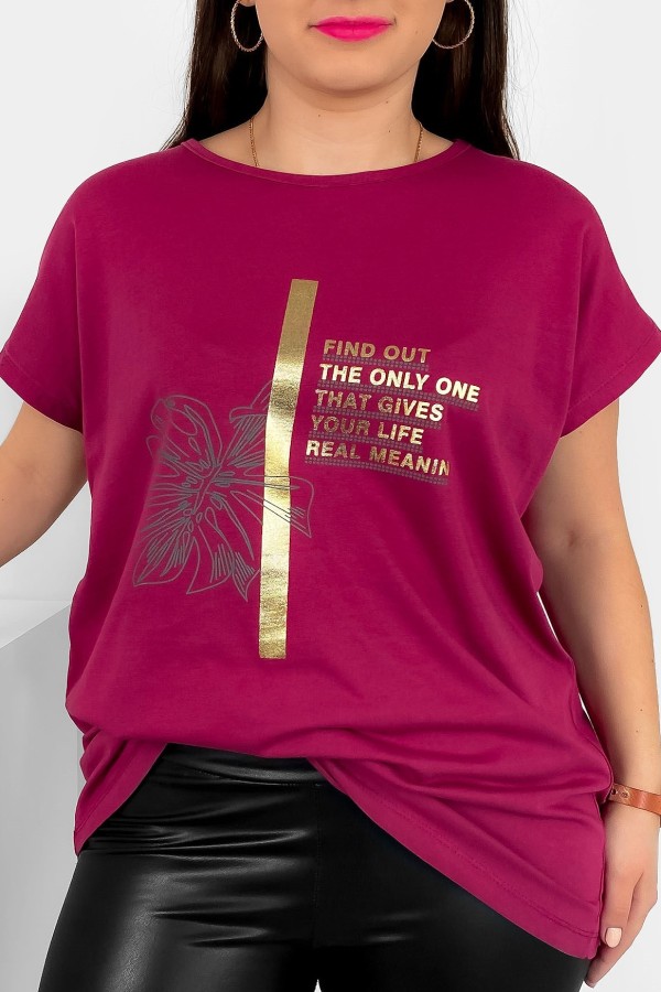 T-shirt damski plus size nietoperz w kolorze rubinowym liść napisy Ben