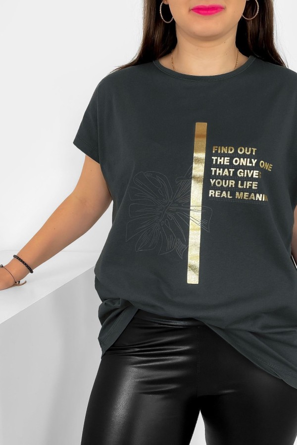T-shirt damski plus size nietoperz w kolorze antracytowym liść napisy Ben 1