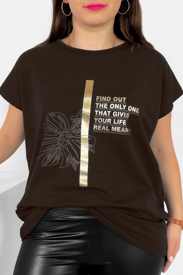 T-shirt damski plus size nietoperz w kolorze ciemnego brązu liść napisy Ben 2