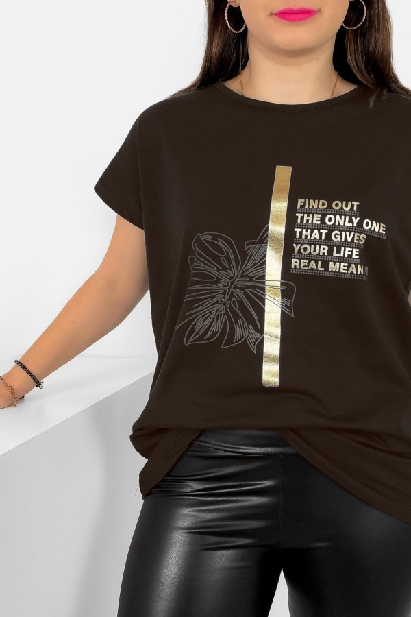 T-shirt damski plus size nietoperz w kolorze ciemnego brązu liść napisy Ben 1