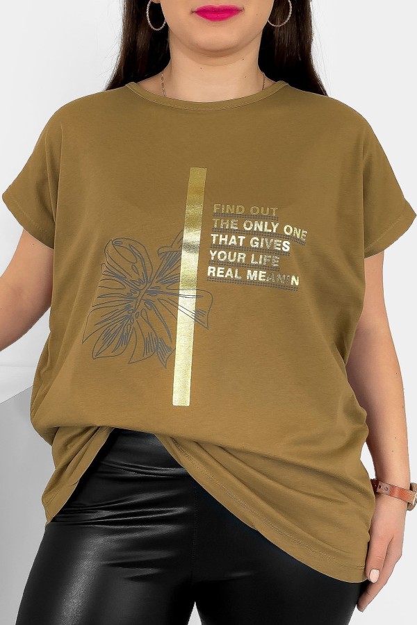 T-shirt damski plus size nietoperz w kolorze orzechowego brązu liść napisy Ben