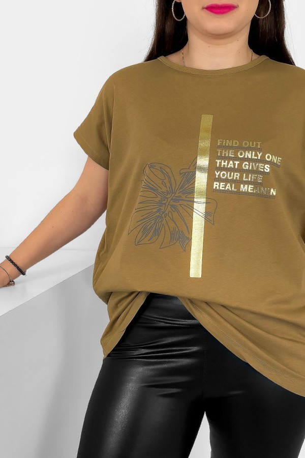 T-shirt damski plus size nietoperz w kolorze orzechowego brązu liść napisy Ben 1