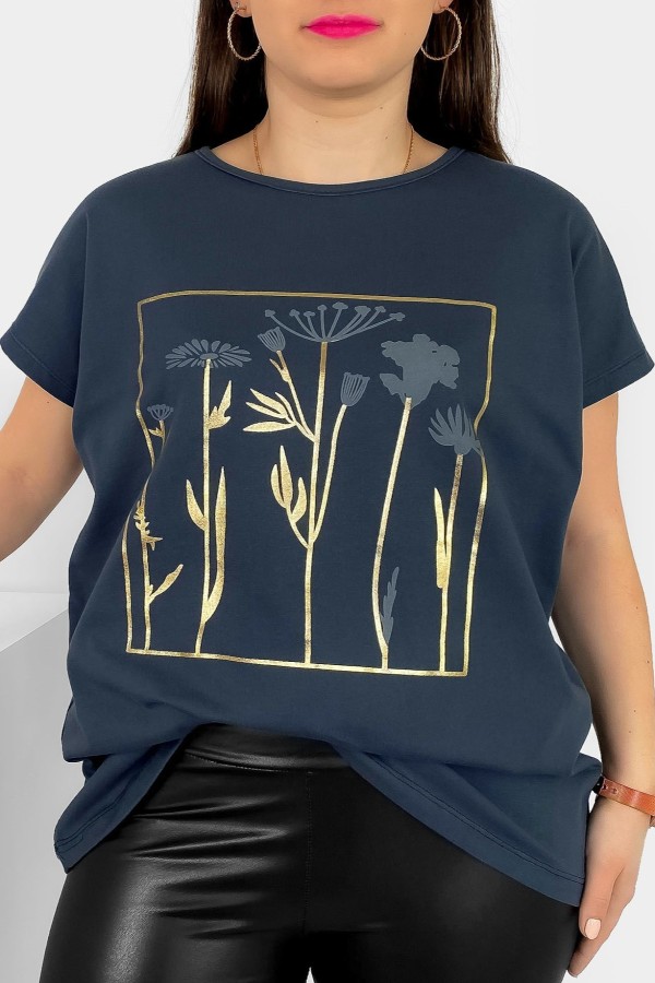 T-shirt damski plus size nietoperz w kolorze grafitowego granatu kwiaty flowers Feen
