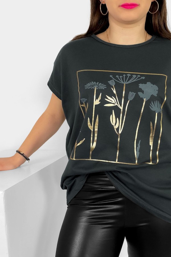 T-shirt damski plus size nietoperz w kolorze antracytowym kwiaty flowers Feen 1