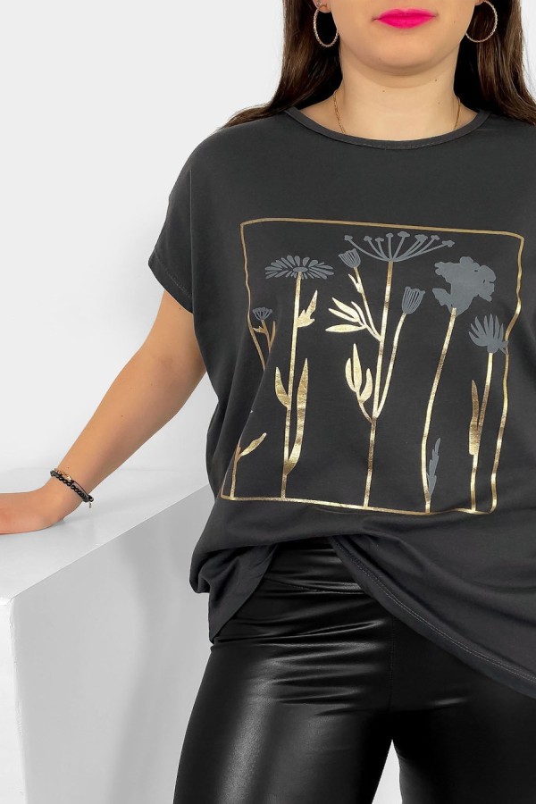 T-shirt damski plus size nietoperz w kolorze grafitowym kwiaty flowers Feen 1