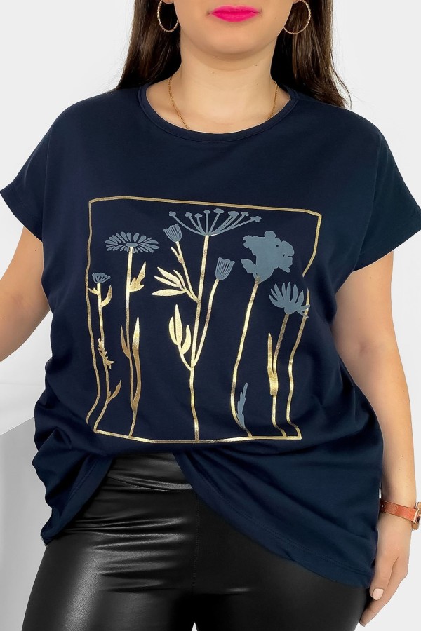 T-shirt damski plus size nietoperz w kolorze dark navy kwiaty flowers Feen
