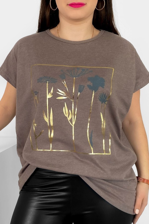 T-shirt damski plus size nietoperz w kolorze brązowego melanżu kwiaty flowers Feen