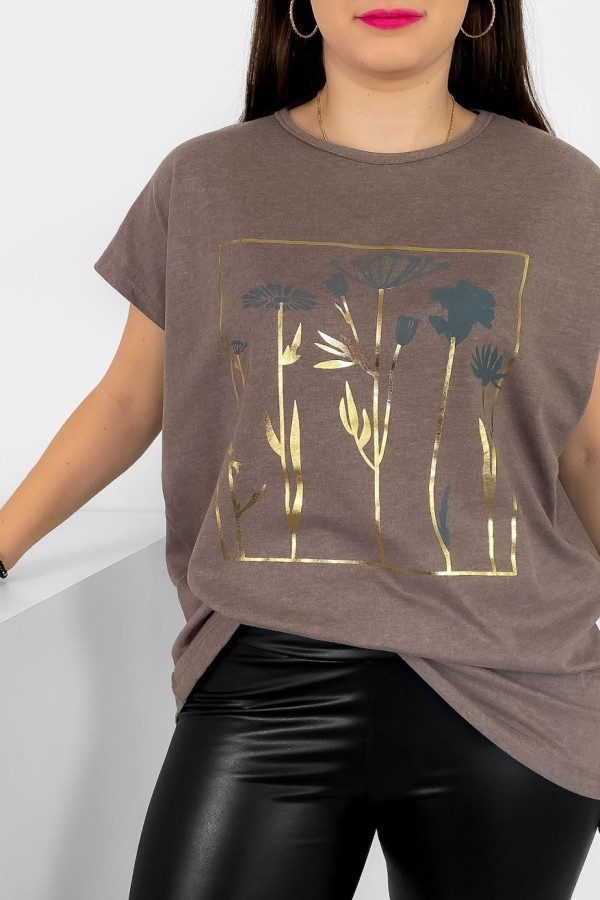 T-shirt damski plus size nietoperz w kolorze brązowego melanżu kwiaty flowers Feen 1