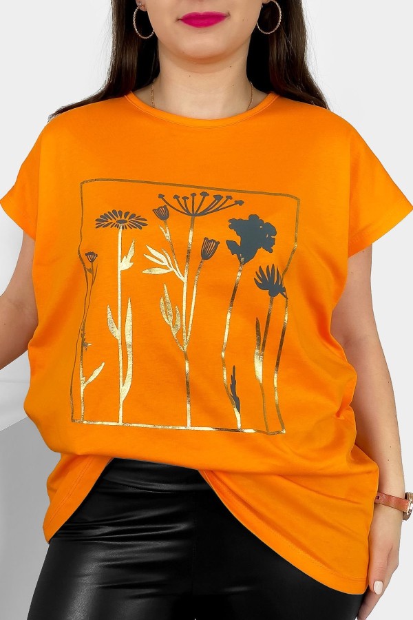T-shirt damski plus size nietoperz w kolorze pomarańczowym kwiaty flowers Feen