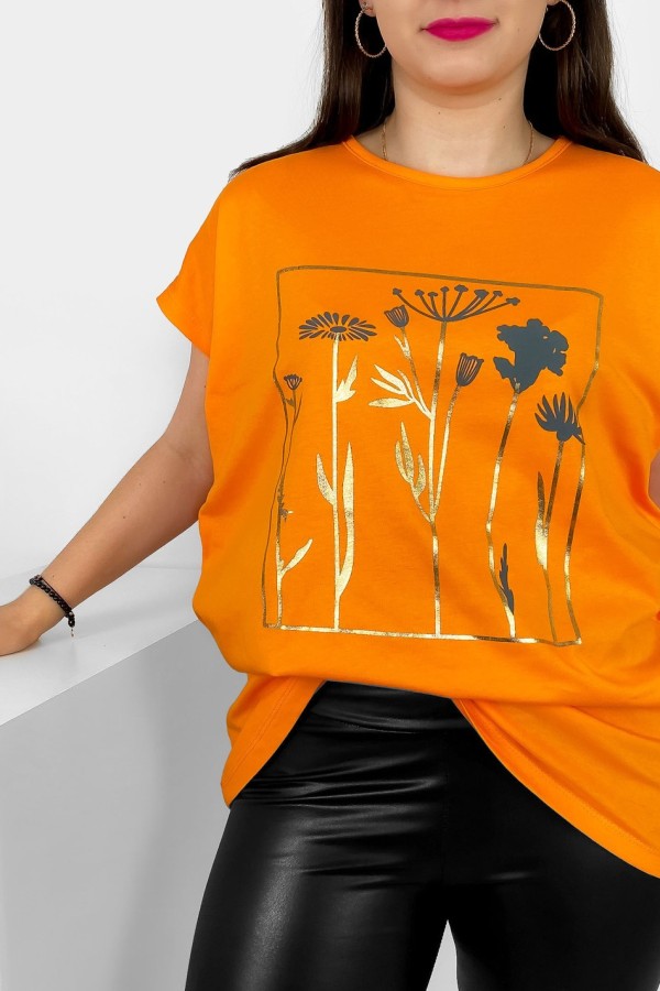 T-shirt damski plus size nietoperz w kolorze pomarańczowym kwiaty flowers Feen 1