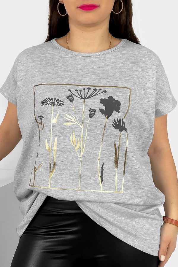T-shirt damski plus size nietoperz w kolorze szarego melanżu kwiaty flowers Feen