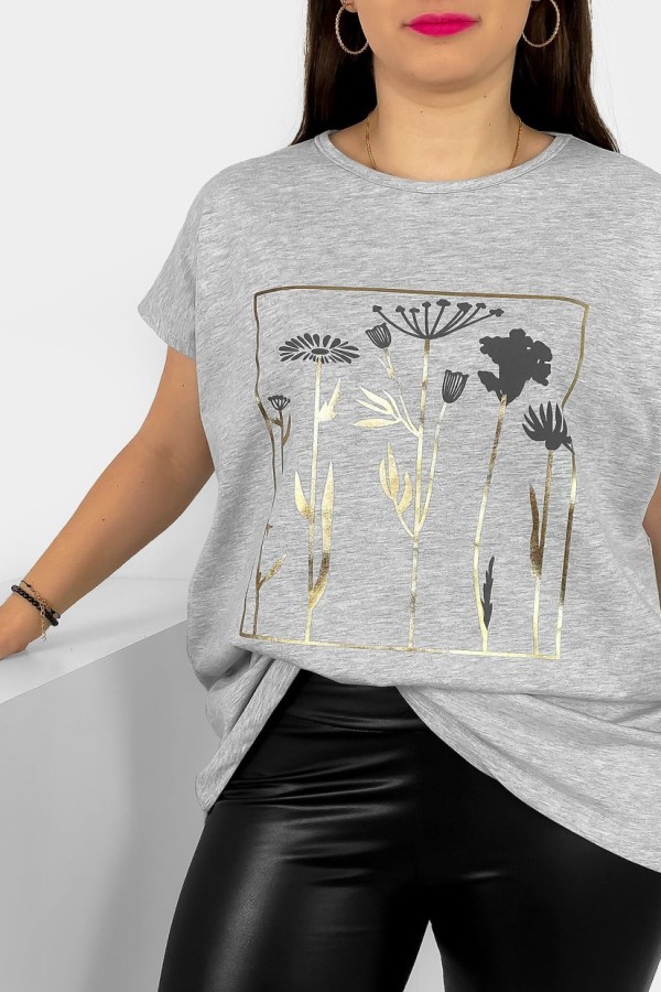 T-shirt damski plus size nietoperz w kolorze szarego melanżu kwiaty flowers Feen 1