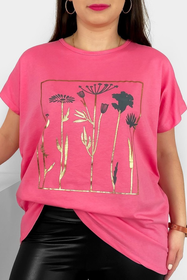 T-shirt damski plus size nietoperz w kolorze różowym kwiaty flowers Feen