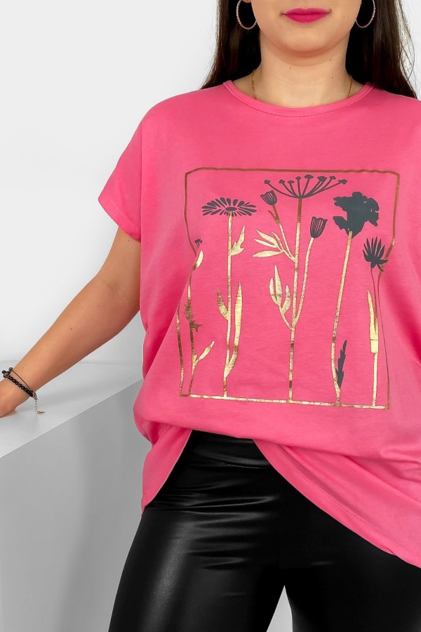 T-shirt damski plus size nietoperz w kolorze różowym kwiaty flowers Feen 1
