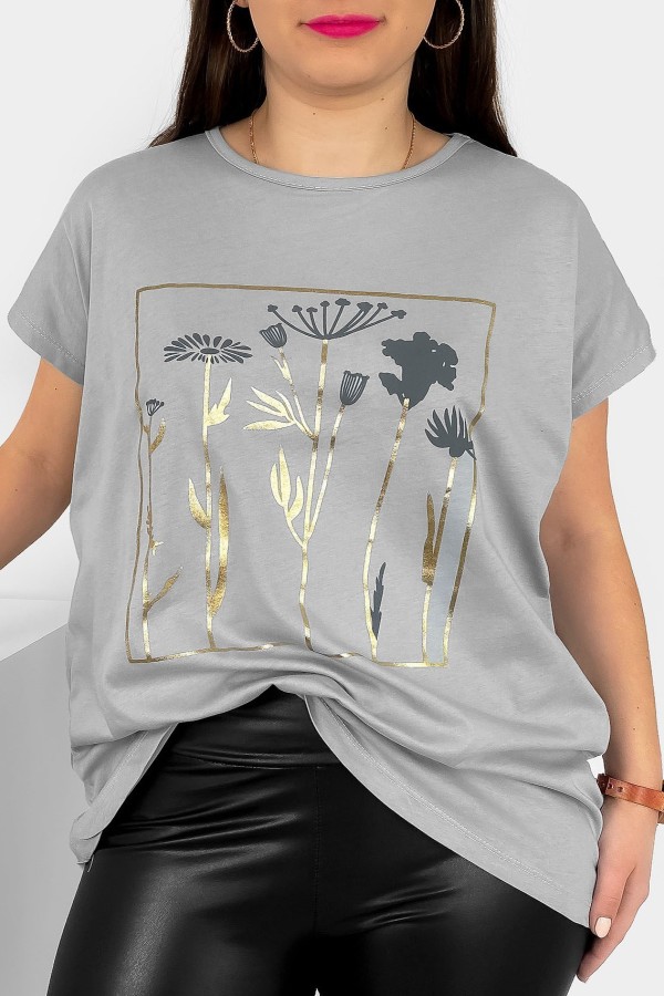 T-shirt damski plus size nietoperz w kolorze szarym kwiaty flowers Feen
