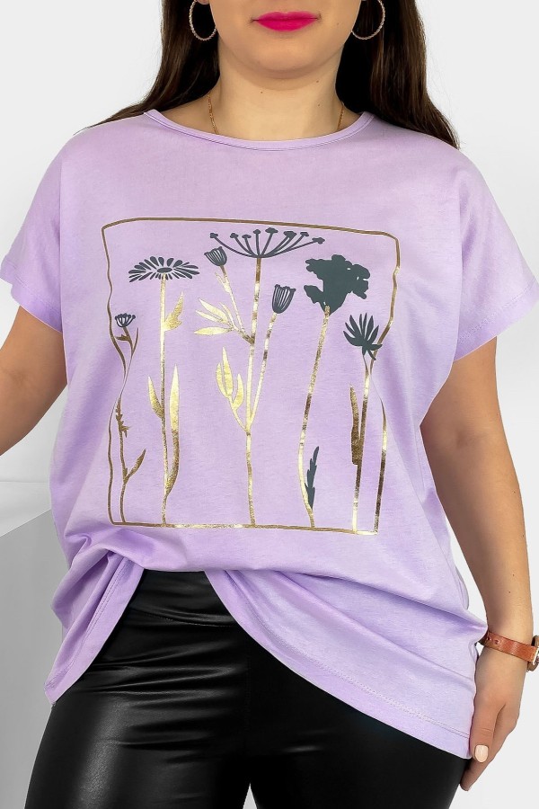 T-shirt damski plus size nietoperz w kolorze lila fiolet kwiaty flowers Feen 2