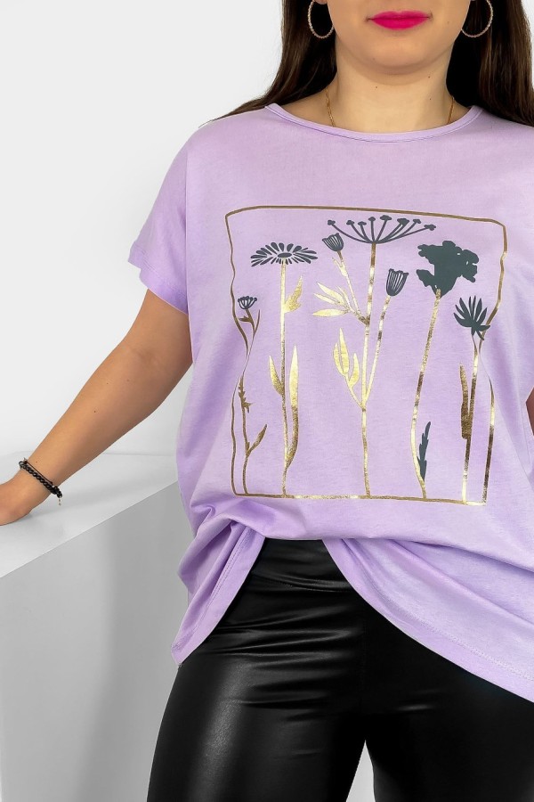 T-shirt damski plus size nietoperz w kolorze lila fiolet kwiaty flowers Feen 1