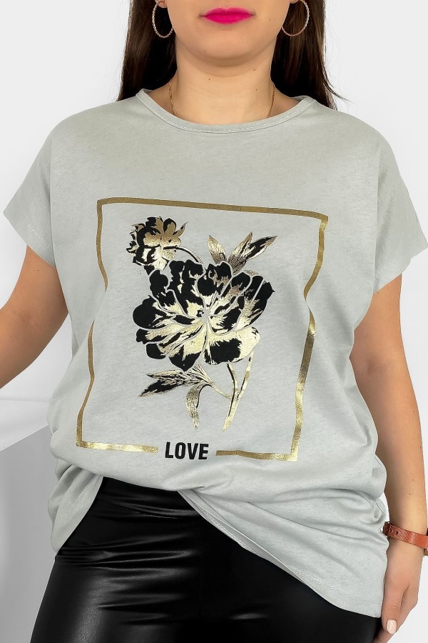 T-shirt damski plus size nietoperz w kolorze szarego beżu kwiat love Onew