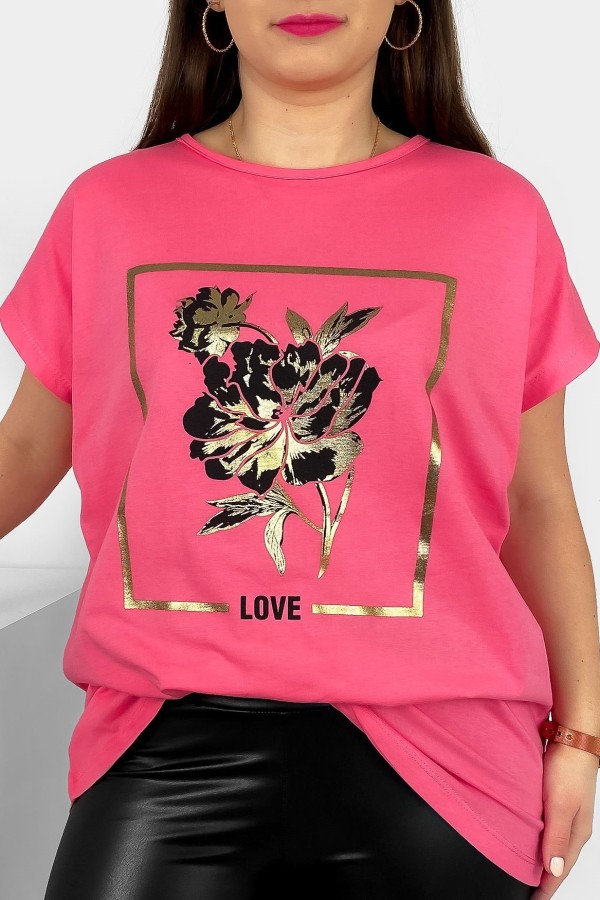 T-shirt damski plus size nietoperz w kolorze różowym kwiat love Onew