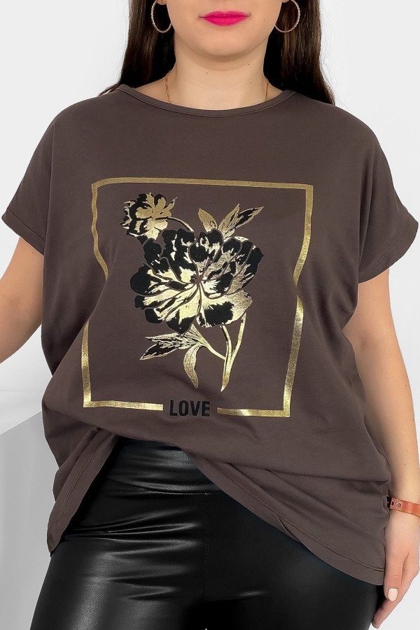T-shirt damski plus size nietoperz w kolorze brązowym kwiat love Onew 2