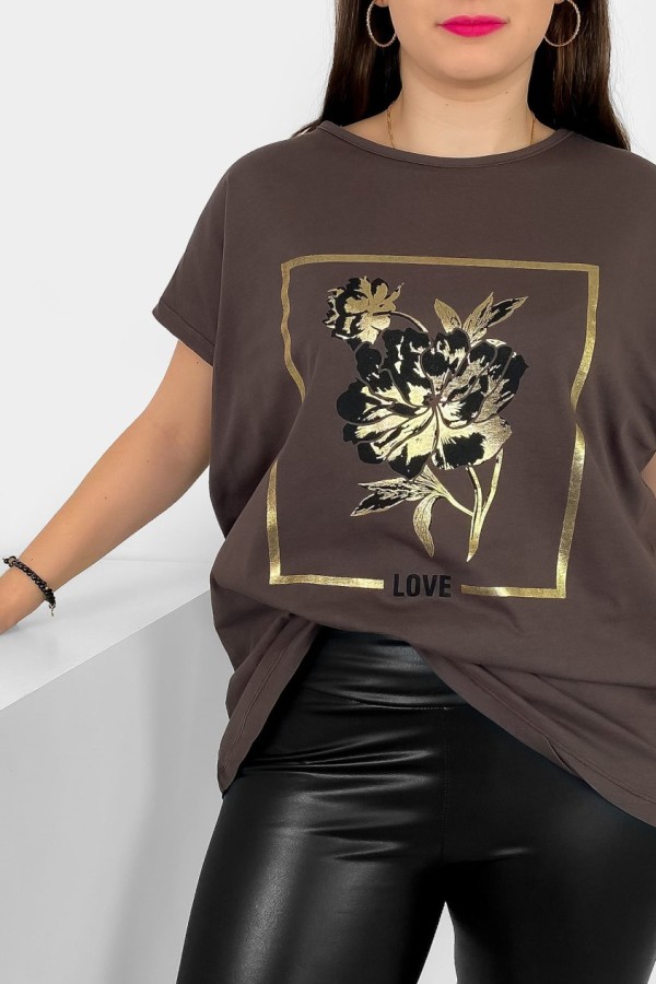 T-shirt damski plus size nietoperz w kolorze brązowym kwiat love Onew 1