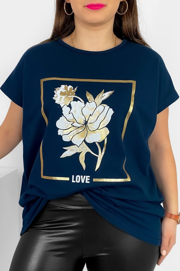 T-shirt damski plus size nietoperz w kolorze dark navy kwiat love Onew