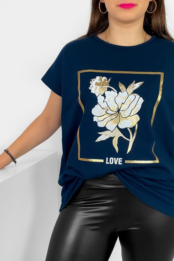 T-shirt damski plus size nietoperz w kolorze dark navy kwiat love Onew 1