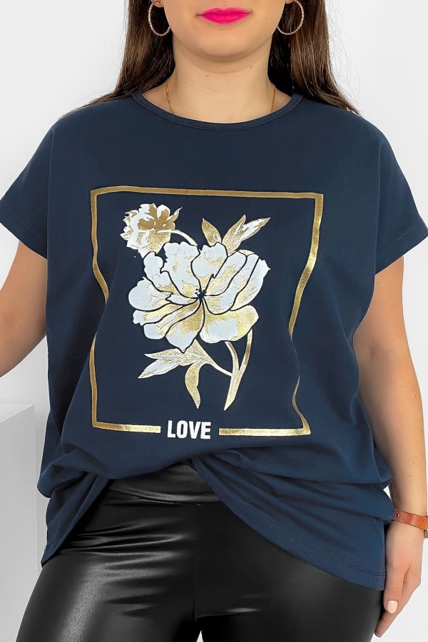 T-shirt damski plus size nietoperz w kolorze grafitowego granatu kwiat love Onew