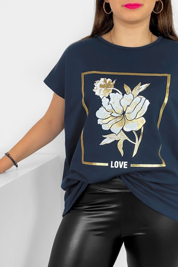 T-shirt damski plus size nietoperz w kolorze grafitowego granatu kwiat love Onew 1