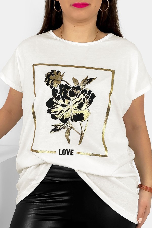 T-shirt damski plus size nietoperz w kolorze ecru kwiat love Onew