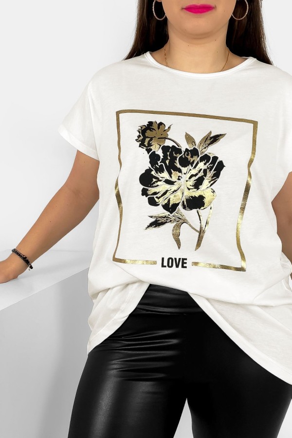 T-shirt damski plus size nietoperz w kolorze ecru kwiat love Onew 1