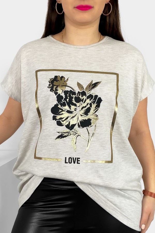 T-shirt damski plus size nietoperz w kolorze beżowego melanżu kwiat love Onew