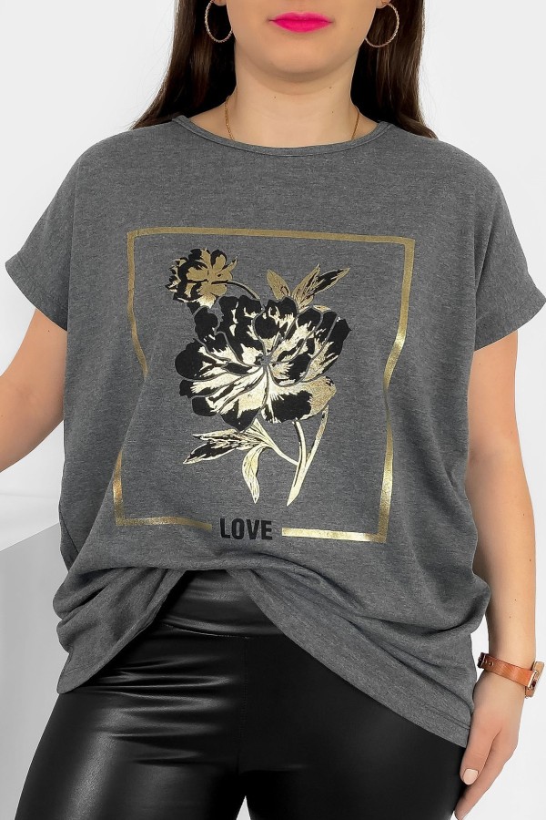 T-shirt damski plus size nietoperz w kolorze grafitowego melanżu kwiat love Onew