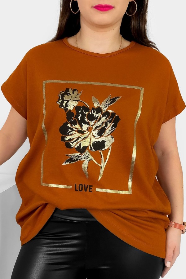 T-shirt damski plus size nietoperz w kolorze miedzianym kwiat love Onew