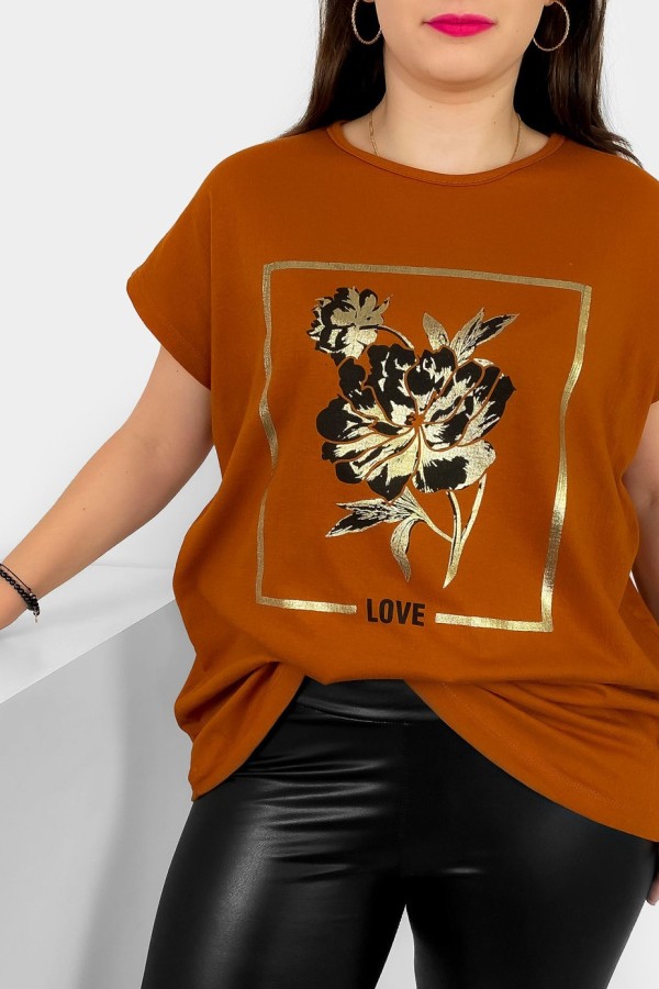 T-shirt damski plus size nietoperz w kolorze miedzianym kwiat love Onew 1