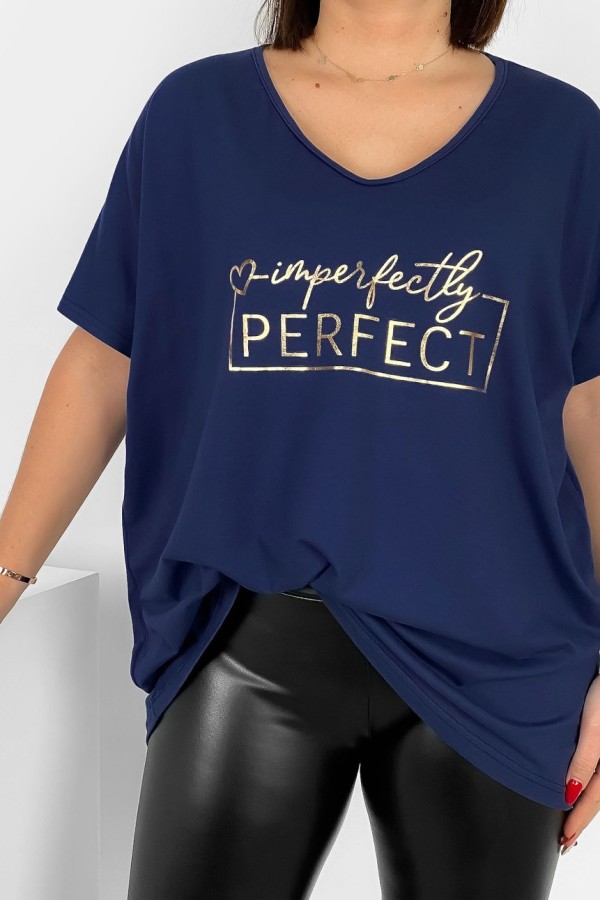 Bluzka damska T-shirt plus size w kolorze granatowym złoty napis imperfectly perfect 1