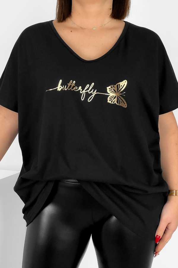 Bluzka damska T-shirt plus size w kolorze czarnym złoty napis Butterfly motyl
