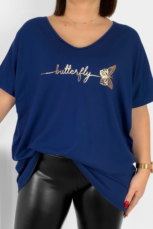 Bluzka damska T-shirt plus size w kolorze granatowym złoty napis Butterfly motyl