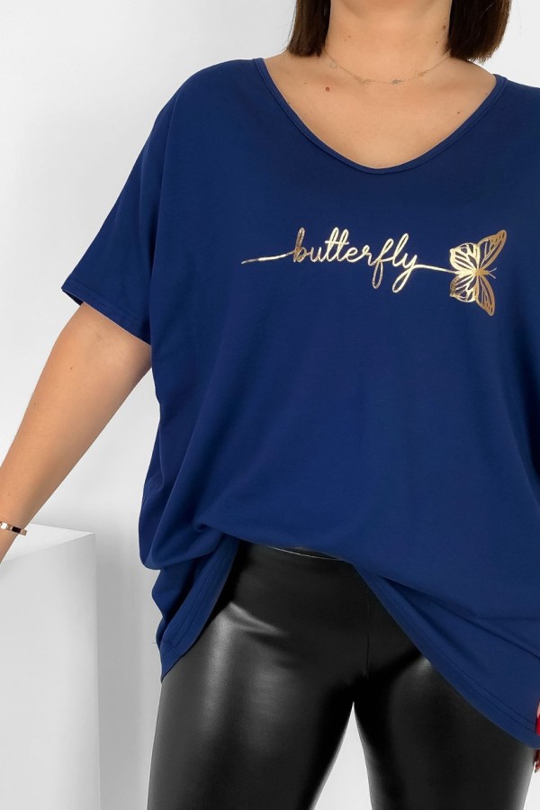 Bluzka damska T-shirt plus size w kolorze granatowym złoty napis Butterfly motyl 1